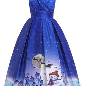 Kids Christmas Cosplay Blue Dress Print Kids Cosplay Costumes