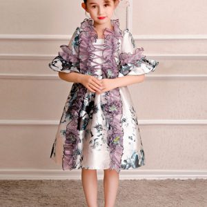 Kids Halloween Costume Little Girls Rococo Dress White Printed Ruffles Half Sleeve Royal Vintage Dress