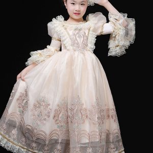 Kids Halloween Costumes Embroidery Lace Ruffle Champagne Princess Kid Dress