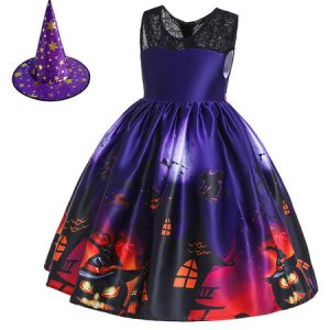 Kids Halloween Costumes Lace Print Purple Kid Skater Dress