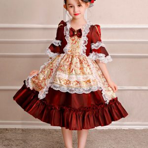 Kids Halloween Retro Costume Little Girls Rococo Dress Red Floral Ruffles Half Sleeve Royal Vintage Dress