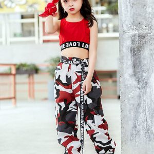 Kids Jazz Dance Costume Girls Red Printed Long Pants And Crop Top 2 Piece Set