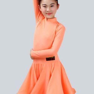 Kids Latin Dance Costume Dresses Long Sleeve Little Girls Peachpuff Ballroom Dance Dress