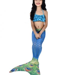 Kids Mermaid Costume Blue Halloween Fishtail Swimsuits 2 Piece Set