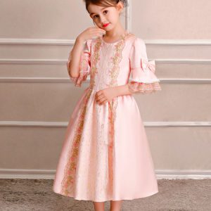 Kids Retro Costume Halloween Little Girls Royal Rococo Dress Pink Bows Lace Satin Half Sleeve Vintage Dresses