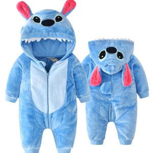 Kids Stitch Costume Halloween Cotton Padded Toddlers Hooded Flannel Jumpsuit