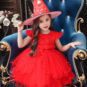 Kids Witch Costumes Flower Applique Red Halloween Kid Dress With Hat