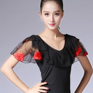 Latin Dance Costume Black Lace Bell Sleeve T Shirt For Women