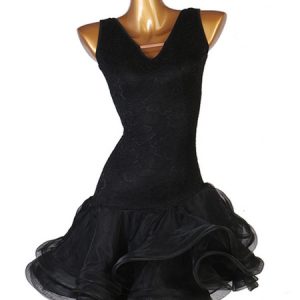 Latin Dance Costume Black Lace Ruffle Dress Women Dancing Costume