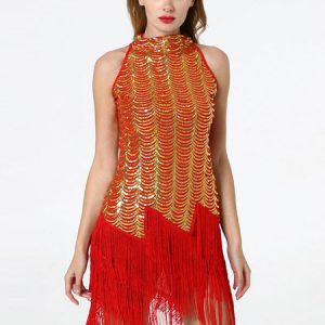 Latin Dance Costume Fringe Sequins Jewel Neck Latin Dancing Wear Halloween