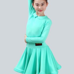 Latin Dance Costume Kids Long Sleeve Mint Green Ballroom Dance Dresses For Girls