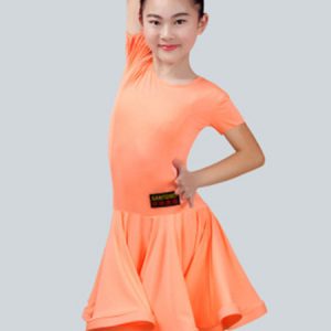 Latin Dance Costume Kids Orange Short Sleeve Little Girls Ballroom Dance Dresses