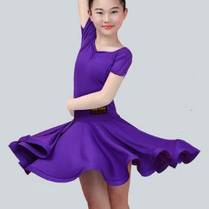 Latin Dance Costume Kids Plum Short Sleeve Ballroom Dance Dresses For Girls