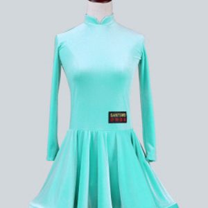 Latin Dance Costume Kids Velvet Long Sleeve Stand Collar Mint Green Ballroom Dance Dresses For Girls