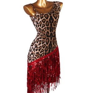 Latin Dance Costume Leopard Sequin Women Set Lycra Spandex Dress Dancing Wear