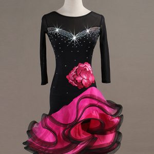 Latin Dance Costume Long Sleeve Beading Ruffles Flowers Organza Dancing Wear Halloween