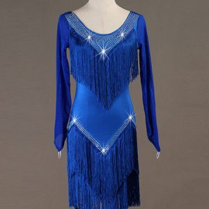 Latin Dance Costume Long Sleeve Women Tassels Beaded Asymmetrical Dresses Halloween