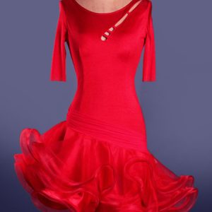 Latin Dance Costume Organza Half Sleeve Cut Out Backless Layered Ruffles Irregular Bodycon Latin Dance Dress