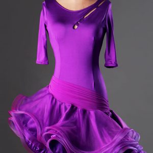 Latin Dance Costume Organza Half Sleeve Cut Out Backless Layered Ruffles Irregular Bodycon Latin Dance Dress