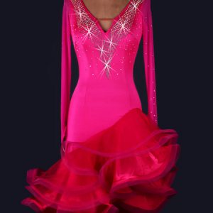 Latin Dance Costume Organza Rose Red Long Sleeve Rhinestones Low Back Irregular Ruffles Hem Latin Dance Dress