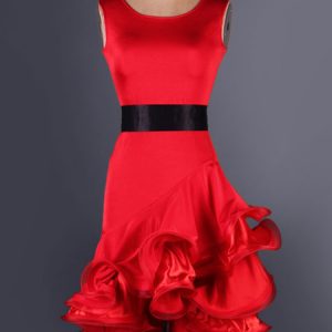 Latin Dance Costume Organza Round Neck Sleeveless Two Tone Irregular Ruffles Latin Dance Dress With Sash