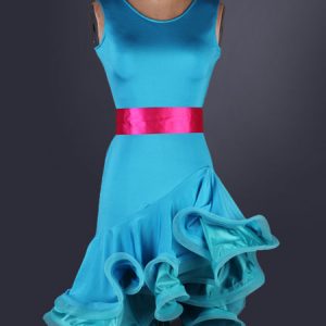 Latin Dance Costume Organza Round Neck Sleeveless Two Tone Irregular Ruffles Latin Dance Dress With Sash