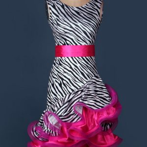 Latin Dance Costume Organza Round Neck Sleeveless Two Tone Irregular Ruffles Latin Dance Dress With Sash