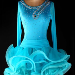 Latin Dance Costume Organza Scoop Neck Long Sleeve Rhinestones Beaded Cut Out Ruffles Latin Dance Dress