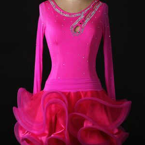 Latin Dance Costume Organza Scoop Neck Long Sleeve Rhinestones Beaded Cut Out Ruffles Latin Dance Dress