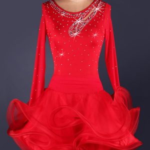 Latin Dance Costume Organza Scoop Neck Long Sleeve Rhinestones Beaded Cut Out Ruffles Latin Dance Dress