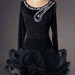 Latin Dance Costume Organza Scoop Neck Long Sleeve Rhinestones Beaded Cut Out Ruffles Latin Dance Dress