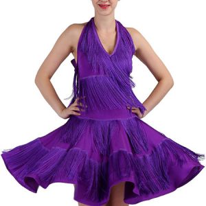 Latin Dance Costume Purple Tassels Halter Women Short Dancing Dresses