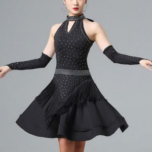 Latin Dance Costume Rhinestone Fringe Bead Lycra Spandex Dress Dancing Wear