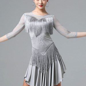 Latin Dance Costume Rhinestone Fringe Ruffle Dress Dancing Costume