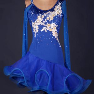 Latin Dance Costume Royal Blue Long Sleeve Flowers Beaded Ruffle Dress Women's Dance Costumes