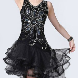 Latin Dance Costume Sequin Tulle Ruffle Women Dancing Costume