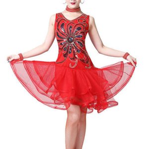 Latin Dance Costume Sequin Tulle Ruffle Women Dancing Costume