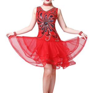 Latin Dance Costume Sequins Flower Tiered Tulle Latin Dancer Dancing Wear