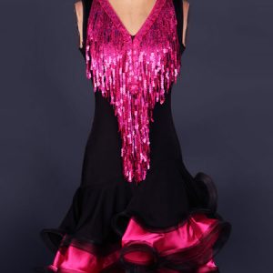 Latin Dance Costume Two Tone V Neck Sleeveless Ruffle Dress Dance Costume With Sequin Tassels