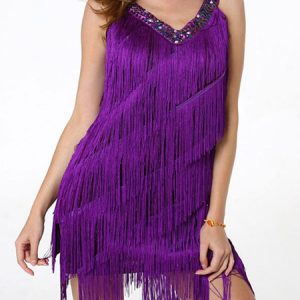 Latin Dance Costume V Neck Fringe Sequin Studded Women Dress Dancing Wear