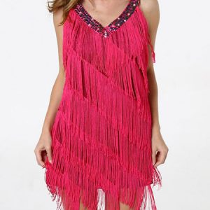 Latin Dance Costume V Neck Fringe Sequin Studded Women Dress Dancing Wear