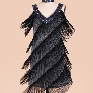 Latin Dance Costume V Neck Fringe Sequin Studded Women Dress Dancing Wear