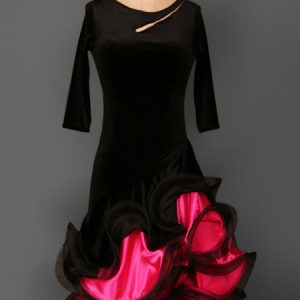 Latin Dance Costume Velour Round Neck Half Sleeve Low Back Strappy Layered Ruffles Bodycon Latin Dance Dress