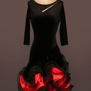 Latin Dance Costume Velour Round Neck Half Sleeve Low Back Strappy Layered Ruffles Bodycon Latin Dance Dress