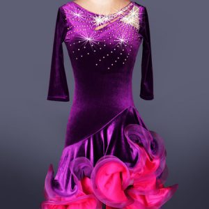 Latin Dance Costume Velour Scoop Neck Half Sleeve Rhinestones Beaded Two Tone Ruffles Latin Dance Dress