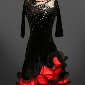 Latin Dance Costume Velour Scoop Neck Half Sleeve Rhinestones Beaded Two Tone Ruffles Latin Dance Dress