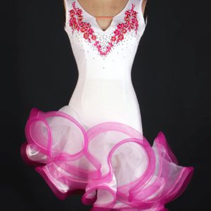 Latin Dance Costume White Sleeveless Flowers Beaded Ruffle Asymmetrical Dance Costume