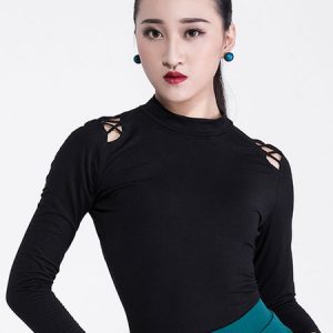 Latin Dance Costume Women Black Long Sleeve Coutout Dancing Top Halloween