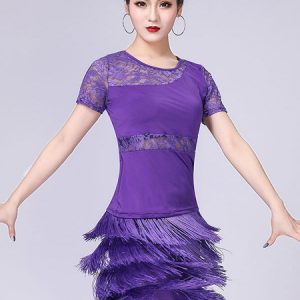 Latin Dance Costume Women Lace Tassels Short Sleeve Dancing Dresses Halloween