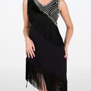 Latin Dance Costume Women Sequin Fringe V Neck Dancing Costume